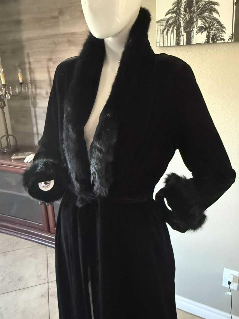 Vintage Jasmine Rose Velvet Fur Trim Wrap Robe M